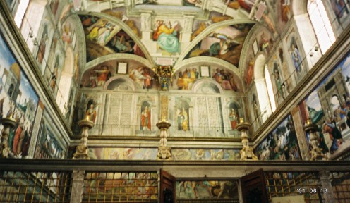 The opposite wall from "The Last Judgement" & part of the ceiling/walls. A good view of how tall the ceiling really is. Those are 8' doors open at the bottom.