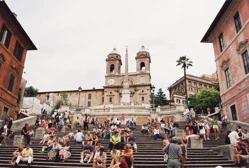 The Spanish Steps, leading up to the Spanish Embassy and the church of Trinità dei Monti at the top. It is the longest and widest staircase in all Europe.