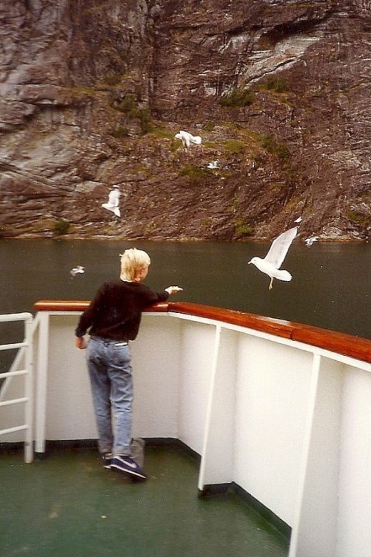 On the ferry that tours the fjord and the famous Geiranger waterfalls.