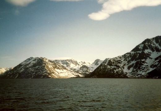During my year in Norway, I went on a boat trip up beyond the arctic circle to Hammerfest, Norway.  This shot is taken from the boat along the way.