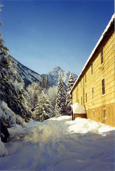 Outside one of the lodges in the village.  Beautiful sun shining on the snow.