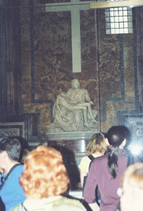 Michelangelo's "La Pieta," the marble statue depicting Mary holding Jesus. It's now behind glass because of vandalism.