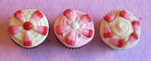 Pink Red and White Candy Corn on Cupcakes