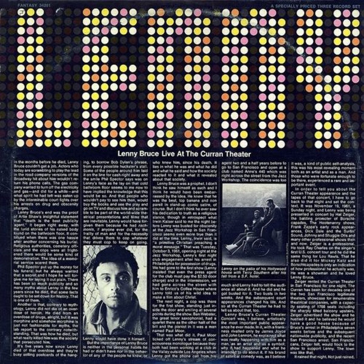 Lenny Bruce "Live At The Curran Theater" Fantasy 34201 3 12" LP Vinyl Record Box Set, US Pressing  (1971)  1961 Performance
