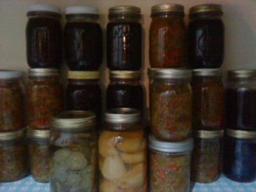 Pantry stocked after making many canning recipes.