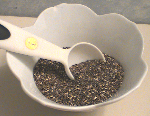 Chia seeds in a bowl, ready to use. Chia will keep 2 years without going rancid.