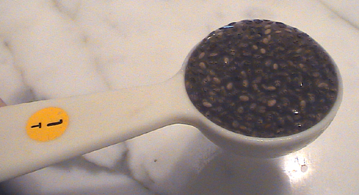 Chia gel in a measuring spoon. 1 dry tbsp chia makes 9 whole tbsp of healthy chia gel for you.