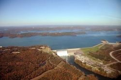 Aerial photo of Table Rock Dam, in Branson, Missouri, which impounds the White River and forms the lake.