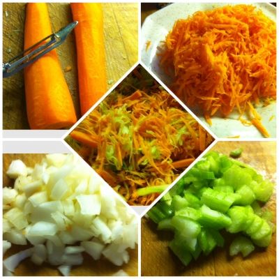 Preparing the carrots, onions and celery