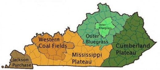 A Kentucky physiography map of the several major regions of the state