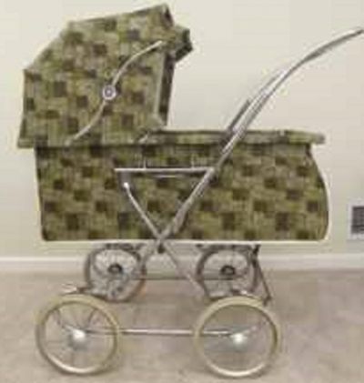 A stylish 1970s fabric coated vinyl printed collapsible carriage, it also converts to a stroller with a series of snaps