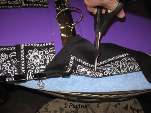 You will have to snip the bandanna to account for the three ring plate. Fold them over on themselves where no cuts are showing and glue them down, too.