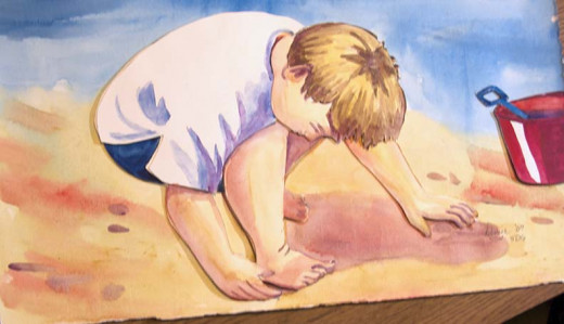 Watercolor illustration of my grandson, Scottie, using the three-dimensional collage technique.