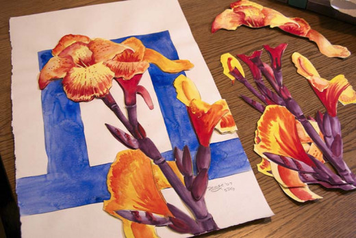 Photo of the Canna Queen watercolor painting and others already cut and numbered.