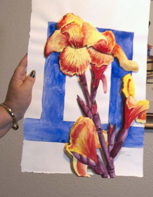 My finished three-dimensional collaged watercolor called Canna Queen.