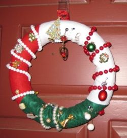 Christmas wreath made with costume jewelry.