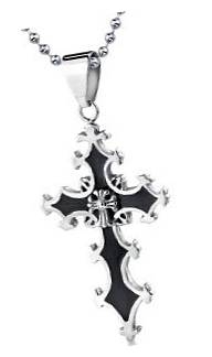 Stainless Steel Medieval Gothic Cross Pendant with Black Resin Inlay