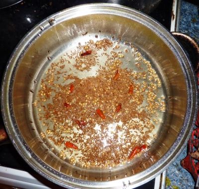 Fry cumin and coriander seeds in oil with chillis