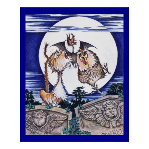 The Cat the Bat and the Owl is one of the striking illustrations Colin Mason produced for his book, a full colour illustrated and illuminated narrative poem called The Cat the Bat and the Burglar.