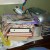 The oak sideboard is very cluttered