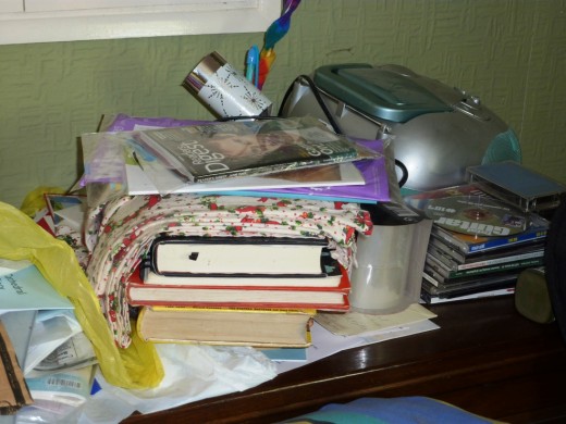 The oak sideboard is very cluttered