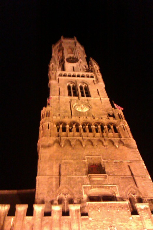 The Belfry's tower seen at night time.