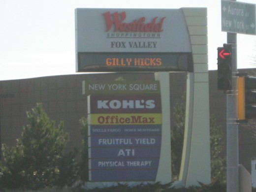 Signage along Route 59 on Naperville's west edge for shopping at Westfield Mall and many surrounding businesses