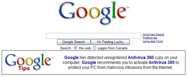This is what Google displays when launched on a computer that is infected with Antivirus 360.  Source: webtoolsandtips.com