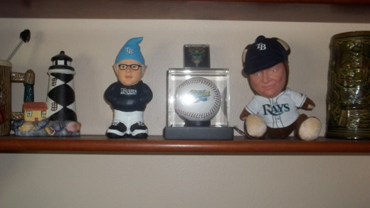 Our Tampa Bay Rays Memorabilia Collection. We have a first game ball and pin. A Zim Bear and a Joe Madden Nome. More will be added I am sure