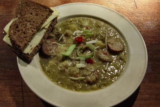 Split Pea Soup with Smoked Sausage and Greens 