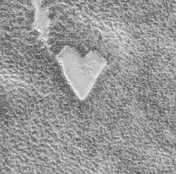 A heart-shaped impression seen on the surface of Mars.  From Wikimedia Commons.