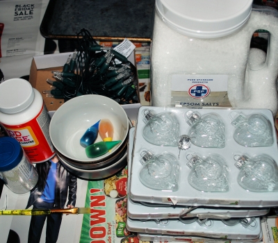 These are most of the materials we used to make our Christmas light luminaries.  See below for a list of materials.