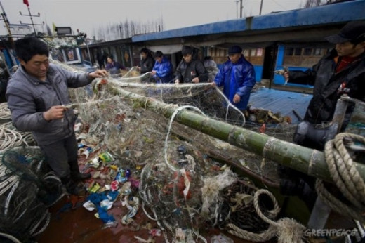 The river is very polluted that fisherman aren't just catching fish, but garbage as well.